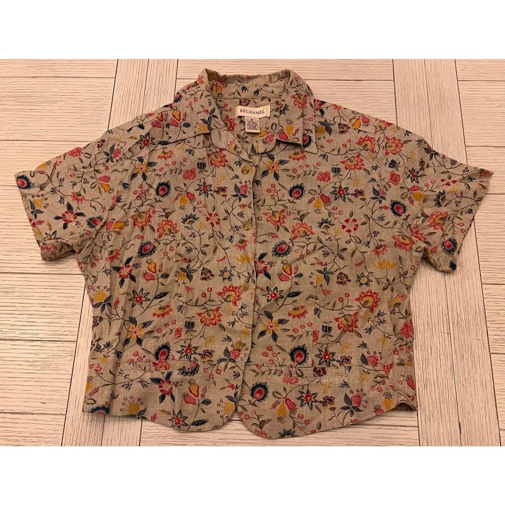 Bechamel ladies linen blend cropped, short sleeve blouse Floral print M Cottage